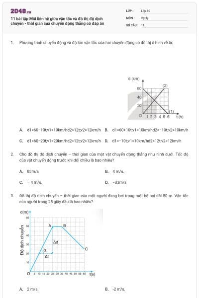 11 bài tập Mối liên hệ giữa vận tốc và đồ thị độ dịch chuyển - thời gian của chuyển động thẳng có đáp án
