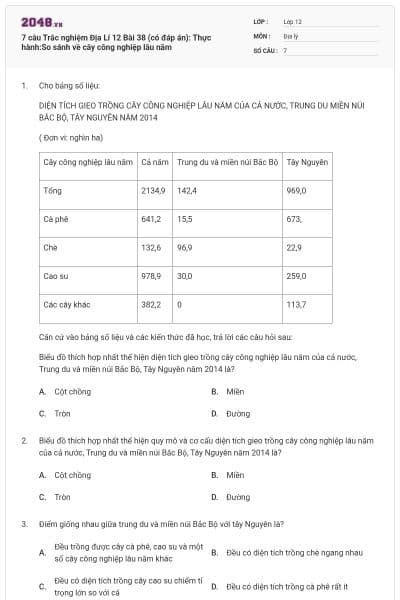 7 câu Trắc nghiệm Địa Lí 12 Bài 38 (có đáp án): Thực hành:So sánh về cây công nghiệp lâu năm