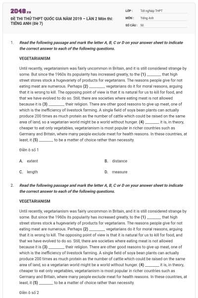 ĐỀ THI THỬ THPT QUỐC GIA NĂM 2019 – LẦN 2 Môn thi: TIẾNG ANH (Đề 7)