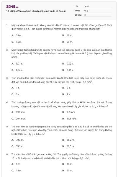 12 bài tập Phương trình chuyển động rơi tự do có đáp án