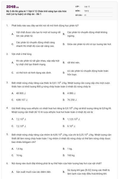 Bộ 3 đề thi giữa kì 1 Vật lí 12 Chân trời sáng tạo cấu trúc mới (có tự luận) có đáp án - Đề 1