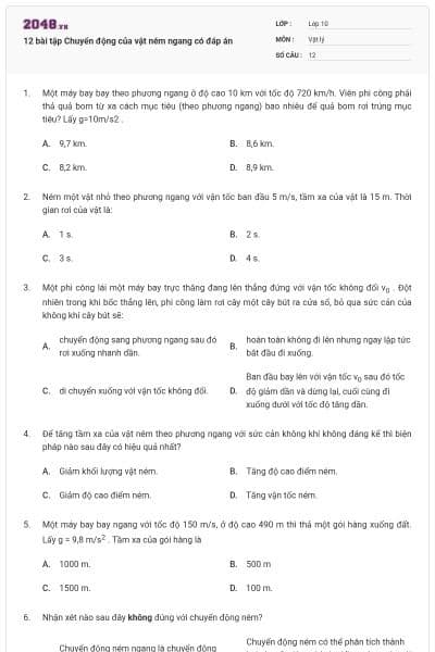 12 bài tập Chuyển động của vật ném ngang có đáp án