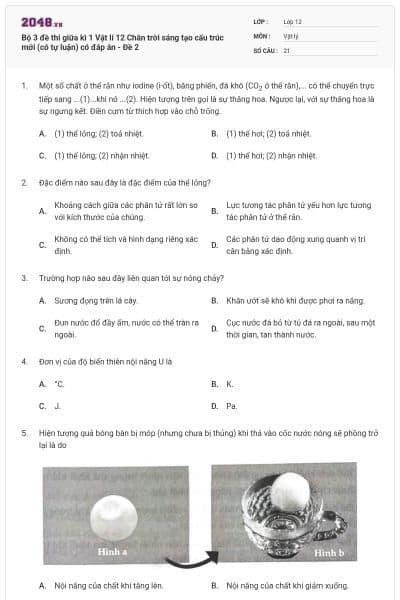 Bộ 3 đề thi giữa kì 1 Vật lí 12 Chân trời sáng tạo cấu trúc mới (có tự luận) có đáp án - Đề 2