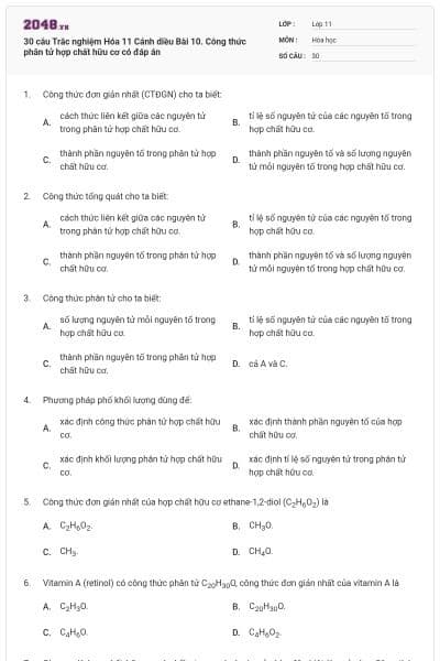 30 câu Trắc nghiệm Hóa 11 Cánh diều Bài 10. Công thức phân tử hợp chất hữu cơ có đáp án