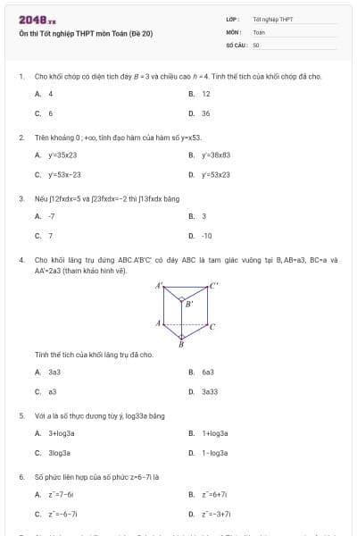 Ôn thi Tốt nghiệp THPT môn Toán (Đề 20)