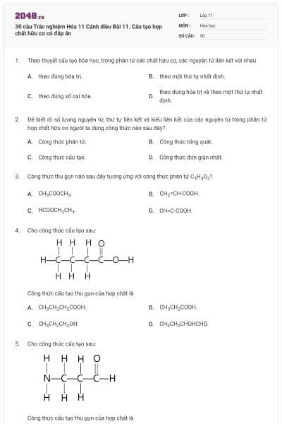 30 câu Trắc nghiệm Hóa 11 Cánh diều Bài 11. Cấu tạo hợp chất hữu cơ có đáp án