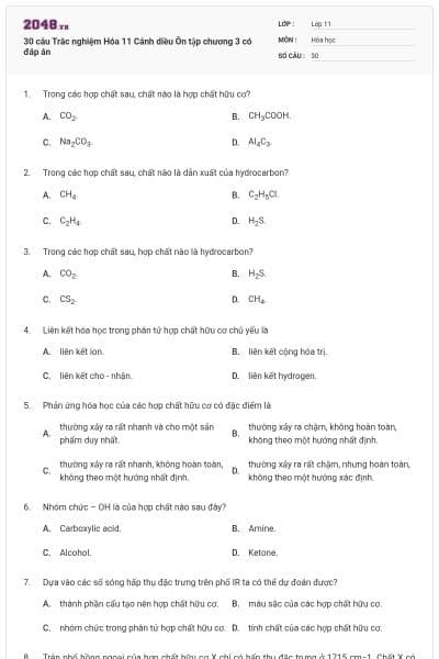 30 câu Trắc nghiệm Hóa 11 Cánh diều Ôn tập chương 3 có đáp án