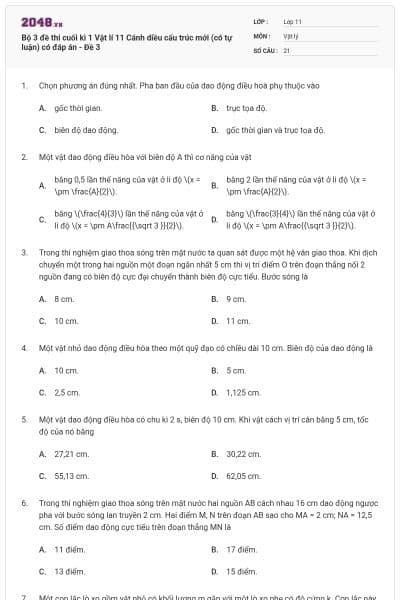 Bộ 3 đề thi cuối kì 1 Vật lí 11 Cánh diều cấu trúc mới (có tự luận) có đáp án - Đề 3
