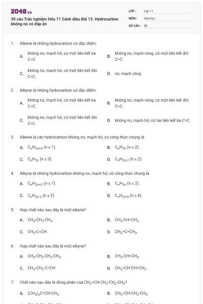 30 câu Trắc nghiệm Hóa 11 Cánh diều Bài 13. Hydrocarbon không no có đáp án