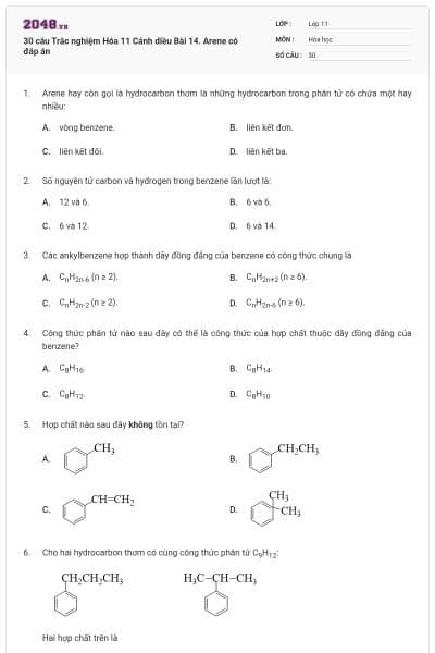 30 câu Trắc nghiệm Hóa 11 Cánh diều Bài 14. Arene có đáp án