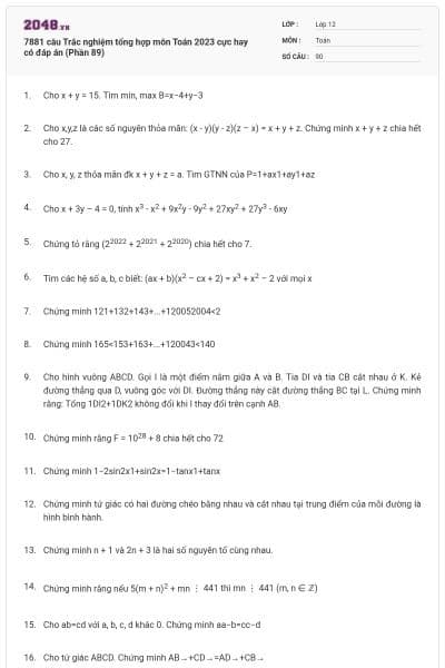 7881 câu  Trắc nghiệm tổng hợp môn Toán 2023 cực hay có đáp án (Phần 89)