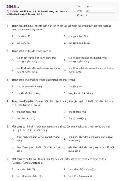 Bộ 3 đề thi cuối kì 1 Vật lí 11 Chân trời sáng tạo cấu trúc mới (có tự luận) có đáp án - Đề 1