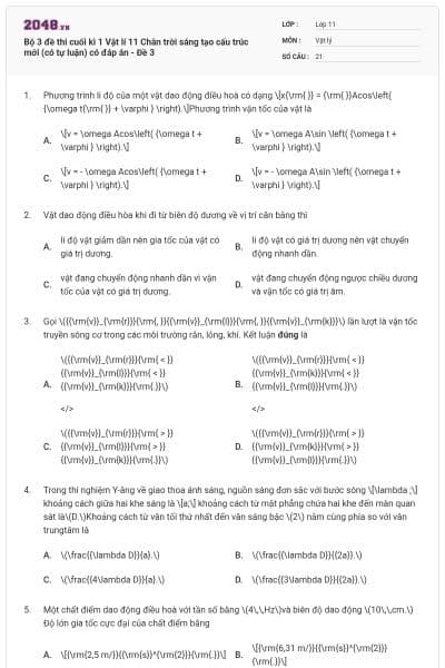 Bộ 3 đề thi cuối kì 1 Vật lí 11 Chân trời sáng tạo cấu trúc mới (có tự luận) có đáp án - Đề 3