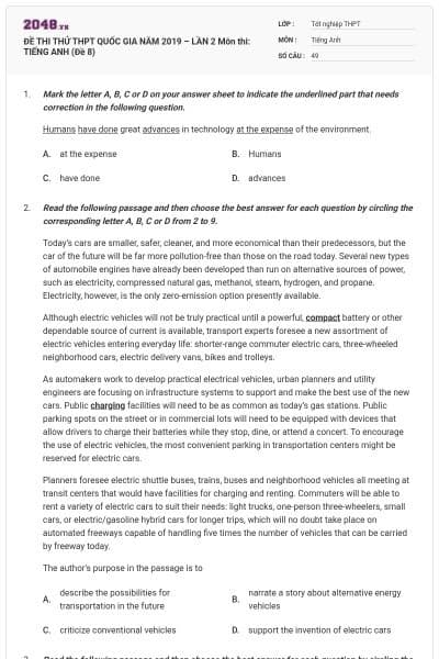 ĐỀ THI THỬ THPT QUỐC GIA NĂM 2019 – LẦN 2 Môn thi: TIẾNG ANH (Đề 8)