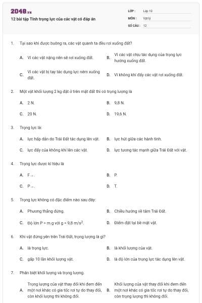 12 bài tập Tính trọng lực của các vật có đáp án