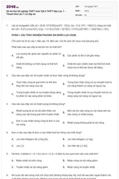 Đề thi thử tốt nghiệp THPT môn Vật lí  THPT Hậu Lộc 1 - Thanh Hóa Lần 1 có đáp án