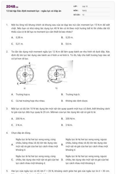 12 bài tập Xác định moment lực - ngẫu lực có đáp án