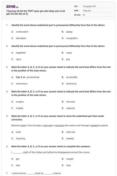 Tổng hợp đề thi thử THPT quốc gia môn tiếng anh có lời giải chi tiết (Đề số 6)