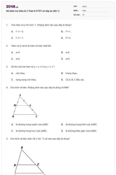 Đề kiểm tra Giữa kì 2 Toán 8 CTST có đáp án (Đề 1)