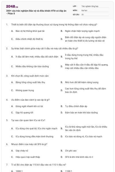 300+ câu trắc nghiệm Bảo vệ và điều khiển HTĐ có đáp án - Phần 8
