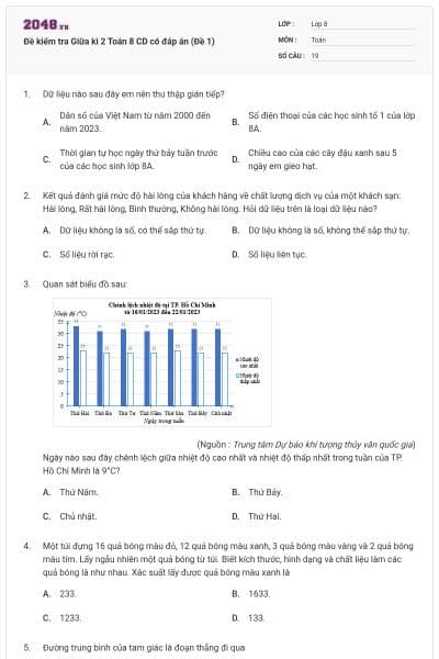 Đề kiểm tra Giữa kì 2 Toán 8 CD có đáp án (Đề 1)