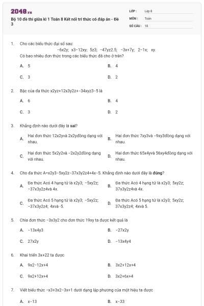 Bộ 10 đề thi giữa kì 1 Toán 8 Kết nối tri thức có đáp án - Đề 3