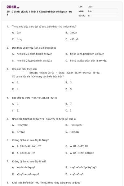 Bộ 10 đề thi giữa kì 1 Toán 8 Kết nối tri thức có đáp án - Đề 4