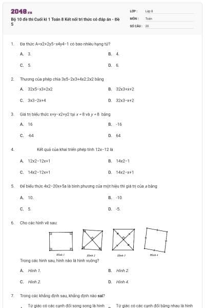 Bộ 10 đề thi Cuối kì 1 Toán 8 Kết nối tri thức có đáp án - Đề 5