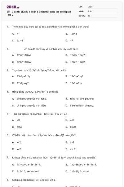 Bộ 10 đề thi giữa kì 1 Toán 8 Chân trời sáng tạo có đáp án - Đề 2