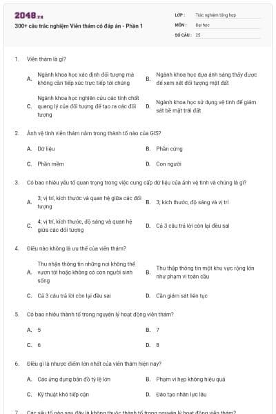 300+ câu trắc nghiệm Viễn thám có đáp án - Phần 1