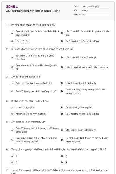 300+ câu trắc nghiệm Viễn thám có đáp án - Phần 2