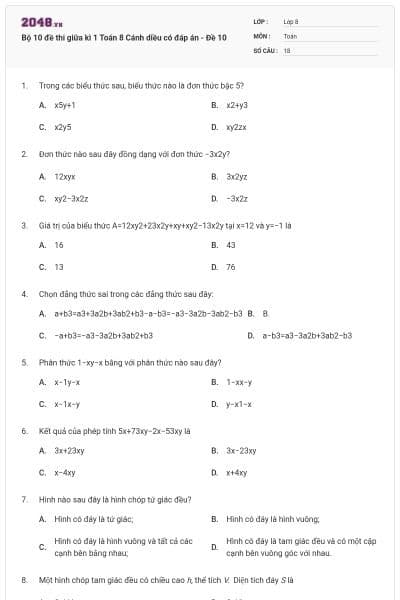 Bộ 10 đề thi giữa kì 1 Toán 8 Cánh diều có đáp án - Đề 10