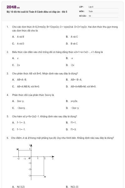Bộ 10 đề thi cuối kì Toán 8 Cánh diều có đáp án - Đề 5