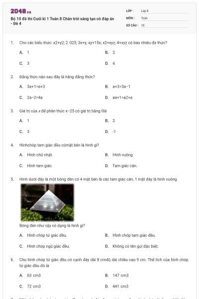 Bộ 10 đề thi Cuối kì 1 Toán 8 Chân trời sáng tạo có đáp án - Đề 4