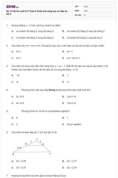 Bộ 10 đề thi cuối kì 2 Toán 8 Chân trời sáng tạo có đáp án - Đề 4