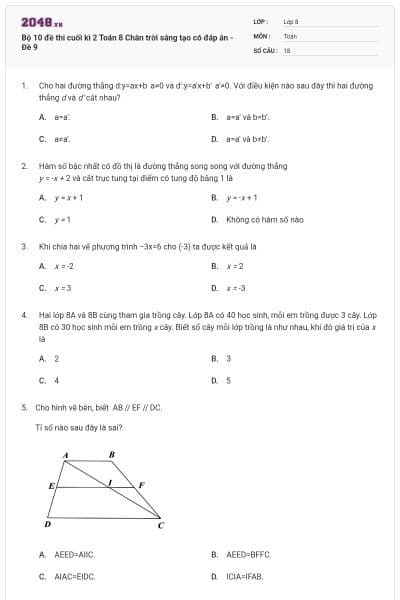 Bộ 10 đề thi cuối kì 2 Toán 8 Chân trời sáng tạo có đáp án - Đề 9