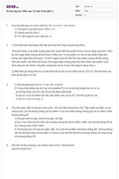 Ôn thi Cấp tốc 789+ vào 10 môn Toán (Đề 1)