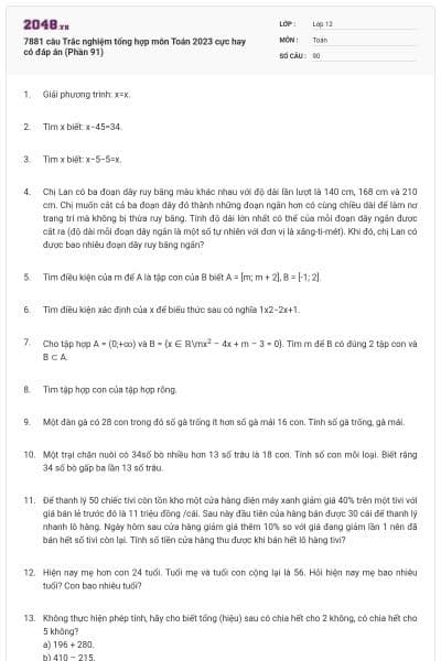 7881 câu  Trắc nghiệm tổng hợp môn Toán 2023 cực hay có đáp án (Phần 91)