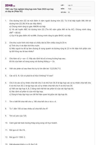 7881 câu  Trắc nghiệm tổng hợp môn Toán 2023 cực hay có đáp án (Phần 92)