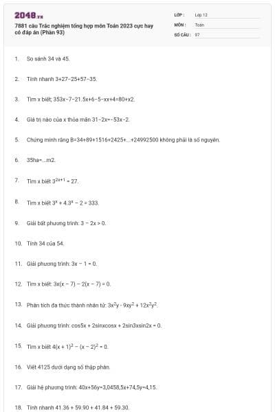 7881 câu  Trắc nghiệm tổng hợp môn Toán 2023 cực hay có đáp án (Phần 93)