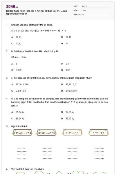 Bài tập hàng ngày Toán lớp 5 Kết nối tri thức Bài 24. Luyện tập chung có đáp án