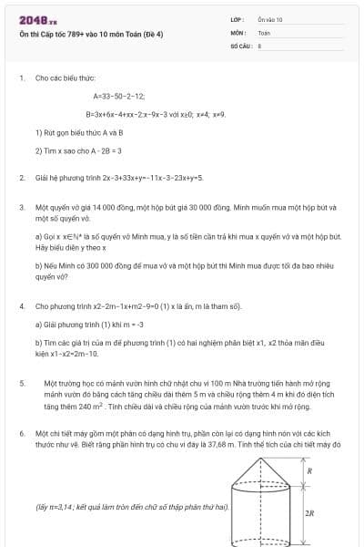 Ôn thi Cấp tốc 789+ vào 10 môn Toán (Đề 4)