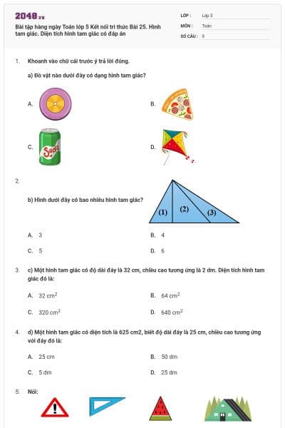 Bài tập hàng ngày Toán lớp 5 Kết nối tri thức Bài 25. Hình tam giác. Diện tích hình tam giác có đáp án