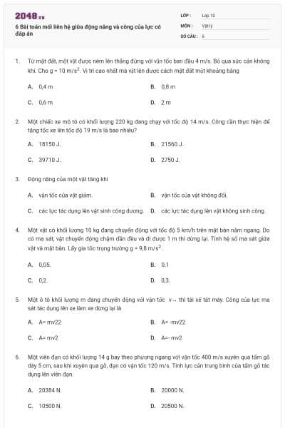 6 Bài toán mối liên hệ giữa động năng và công của lực có đáp án
