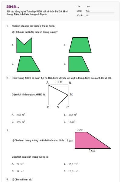 Bài tập hàng ngày Toán lớp 5 Kết nối tri thức Bài 26. Hình thang. Diện tích hình thang có đáp án