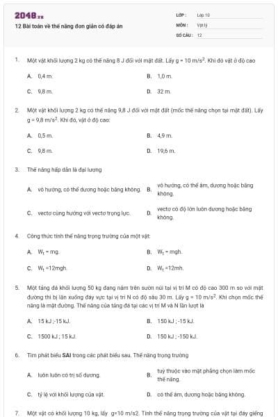 12 Bài toán về thế năng đơn giản có đáp án