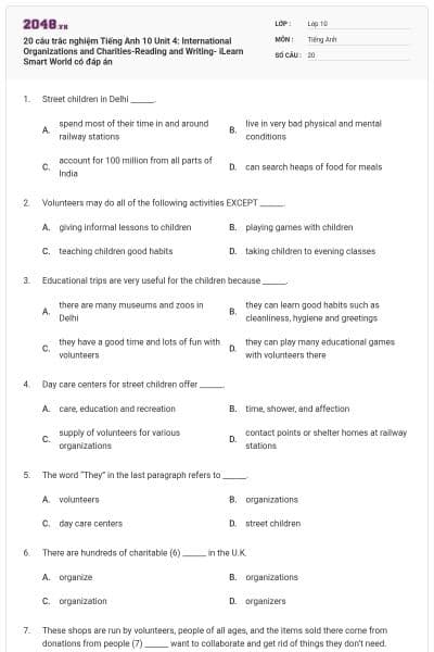 20 câu trắc nghiệm Tiếng Anh 10 Unit 4: International Organizations and Charities-Reading and Writing- iLearn Smart World có đáp án