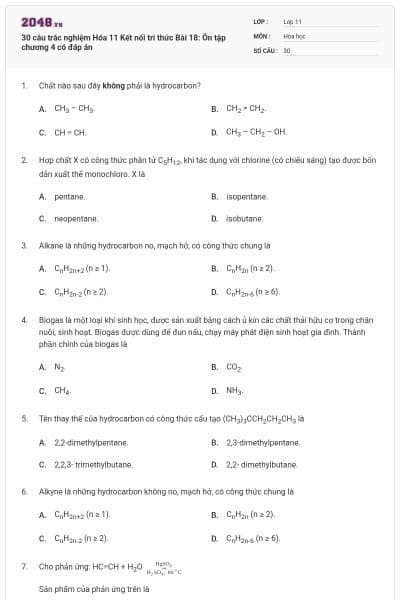 30 câu trắc nghiệm Hóa 11 Kết nối tri thức Bài 18: Ôn tập chương 4 có đáp án
