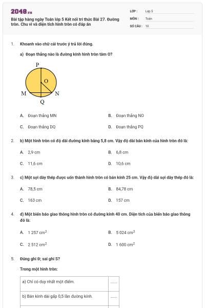 Bài tập hàng ngày Toán lớp 5 Kết nối tri thức Bài 27. Đường tròn. Chu vi và diện tích hình tròn có đáp án