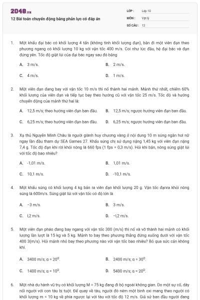 12 Bài toán chuyển động bằng phản lực có đáp án